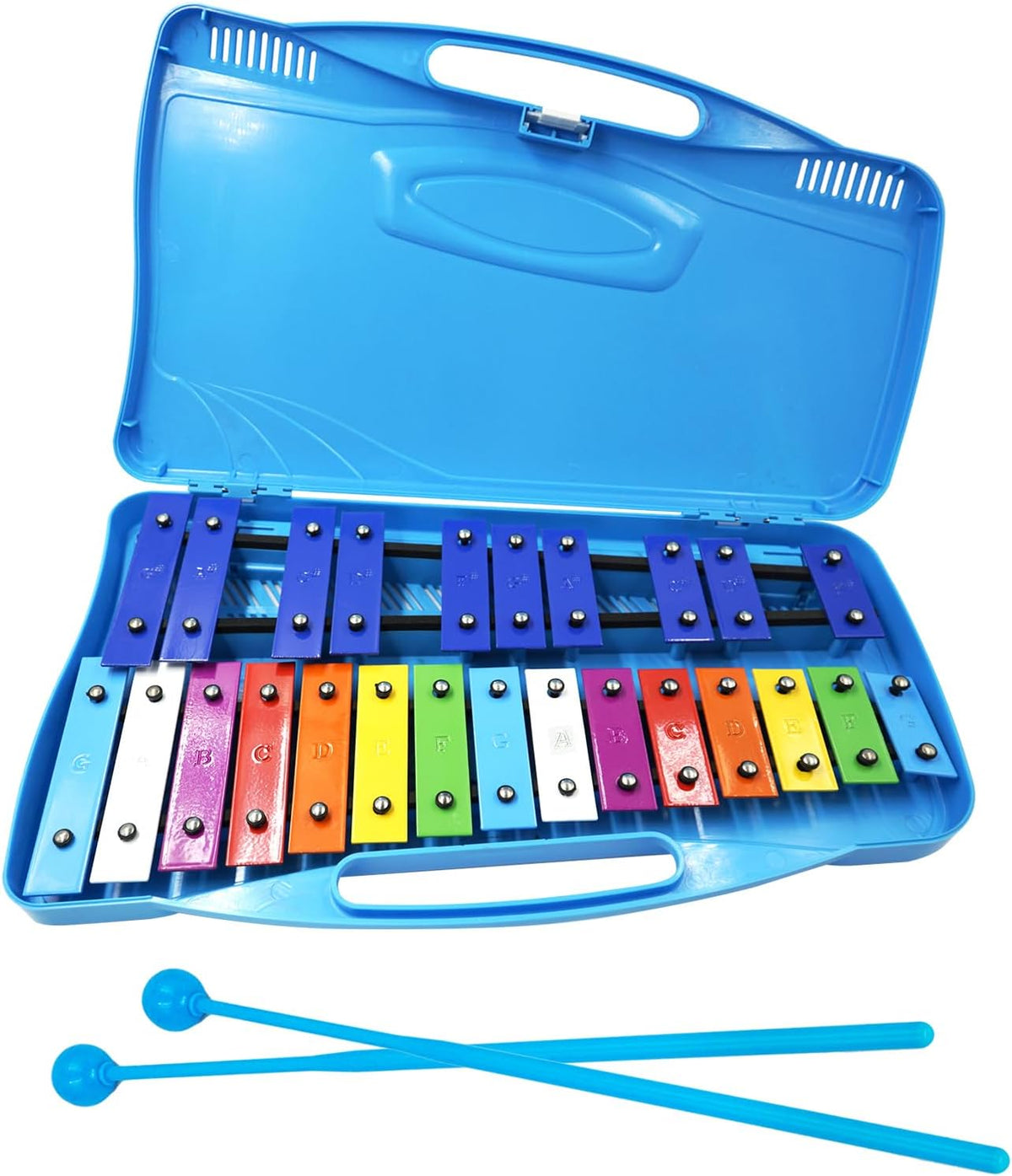 Soulmate Xilófono para niños, instrumento xilófono de 25 notas, percusión profesional con estuche y dos mazos seguros para principiantes, teclas de metal coloridas, enseñanza de música, regalos (azul)