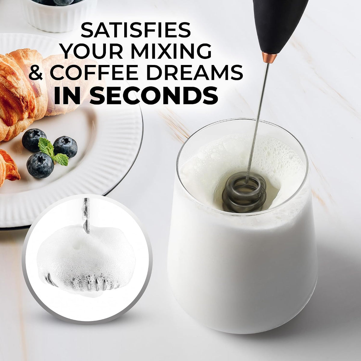 Zulay Kitchen Potente varita espumadora de leche con baterías Duracell - Mezclador de bebidas portátil ultrarrápido - Máquina de espuma eléctrica para café, lattes, capuchino y matcha, triple batidor