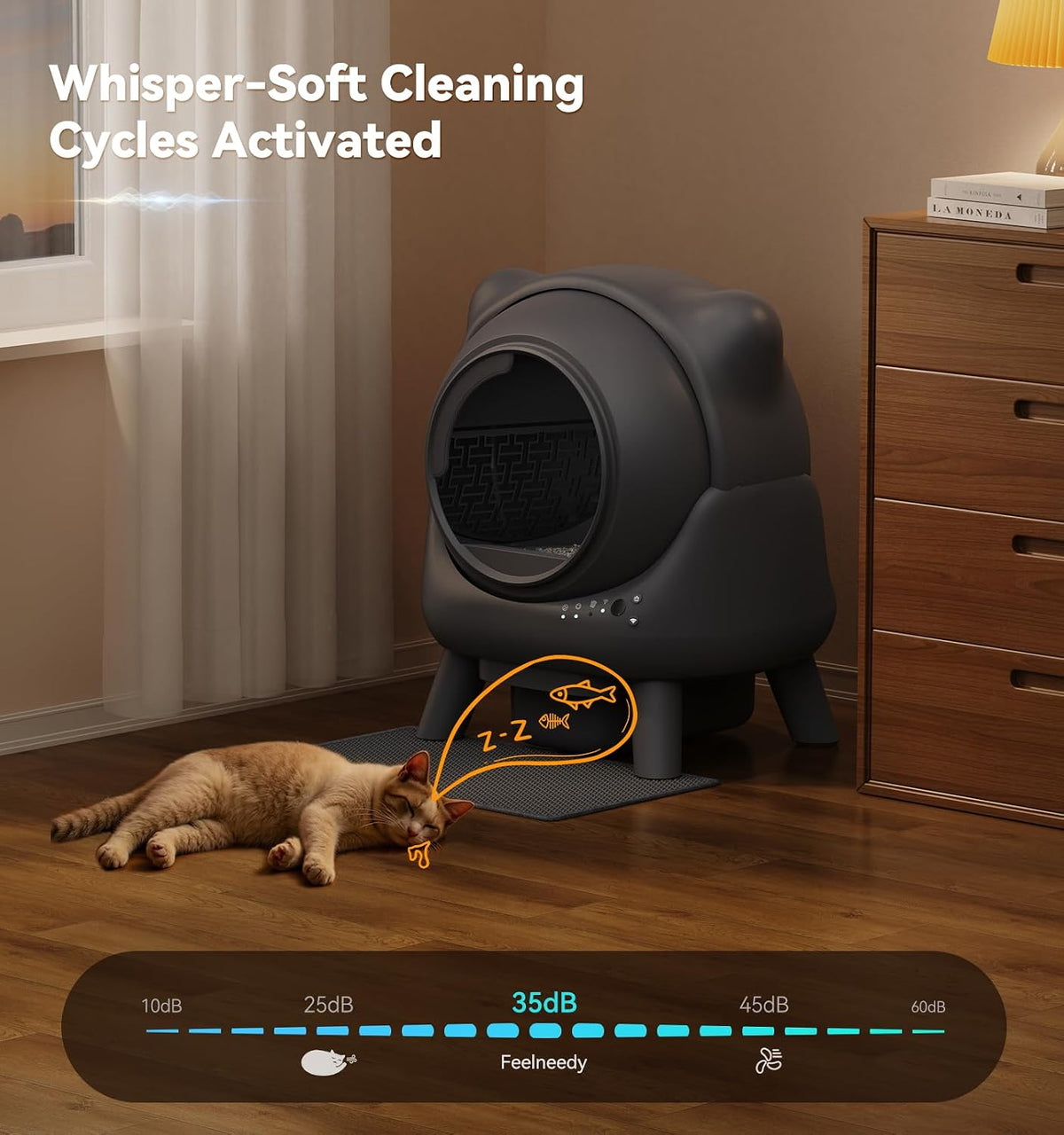 FEELNEEDY - Caja de arena automática de limpieza automática, robot de control de olores, diseño de orejas de gato, monitor en tiempo real de aplicación de 65 L, cajas de arena para gatos para