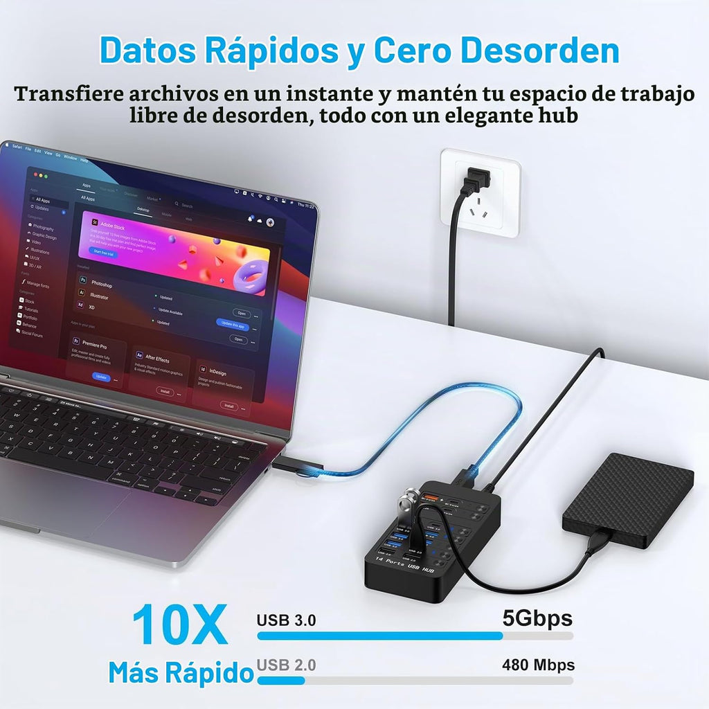 Zeroffi, J655-2402500D, hub USB 3.0 de 14 puertos, alimentado, adaptador 9V/2A