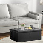 AmasSmile Reposapiés Otomano Banco con Almacenamiento, 34 Pulgadas Reposapiés de Cuero Negro, Mesa de Centro, Asiento Acolchado, Baúl de Almacenamiento, Almacén de Mantas con Tapa Abatible para Sala
