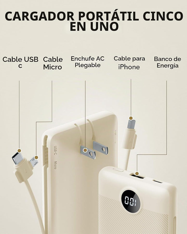 Cargador portátil con cables integrados y enchufe de pared AC, banc...