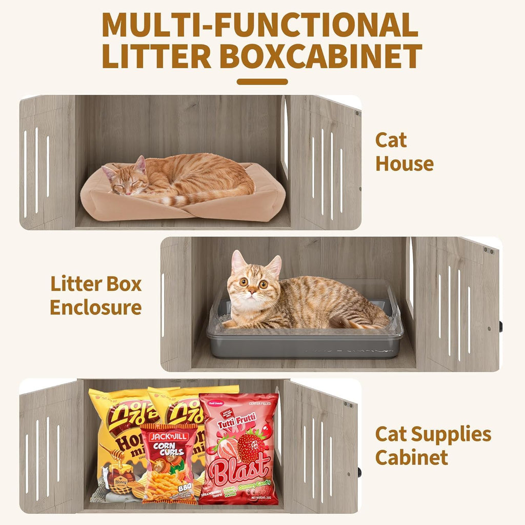 Garvee Caja de arena para gatos con torre de árbol para gatos y condominio, muebles ocultos para baño para gatos con poste rascador de sisal y percha de felpa suave, muebles de madera para gatos con múltiples plataformas