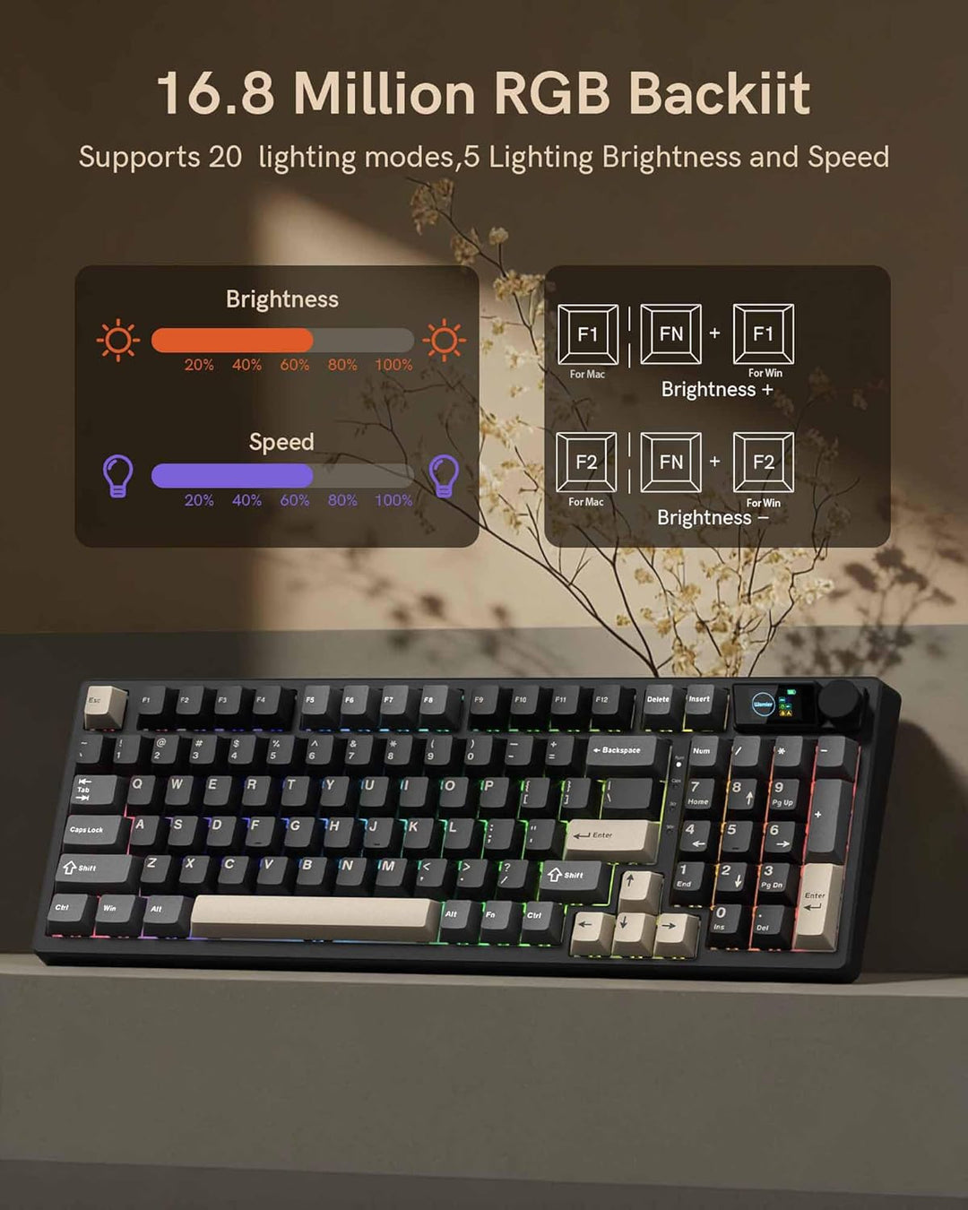 Keymatic Teclado mecánico inalámbrico M98 con pantalla y perilla, 9...