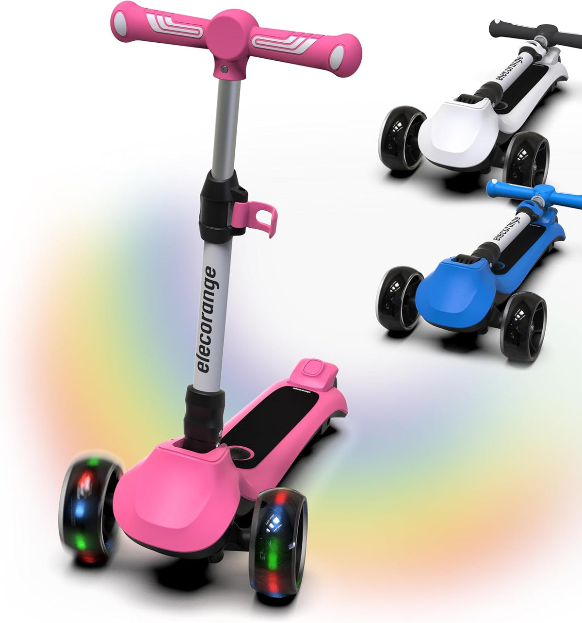 Elecorange Patinete eléctrico de equilibrio T200/T500 para niños de 4 a 9 años, 2 tipos de ruedas delanteras, bocina eléctrica, luces de cuerpo completo, cubierta ancha, velocidad segura de 5 Mph