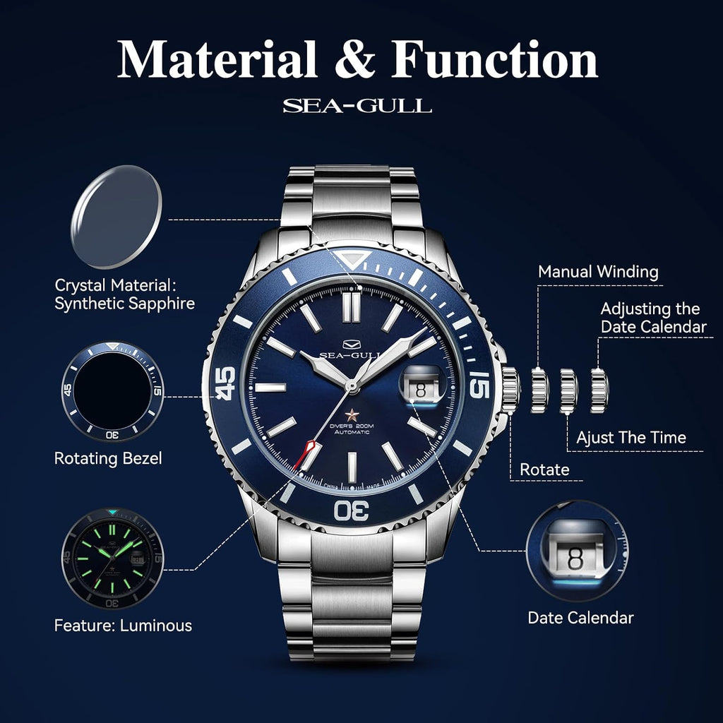 SEA-GULL - Reloj automático Seagull para hombre, correa de acero inoxidable, impermeable hasta 200M, mecánico con calendario luminoso, reloj de pulsera para negocios, casual, buceo para hombres