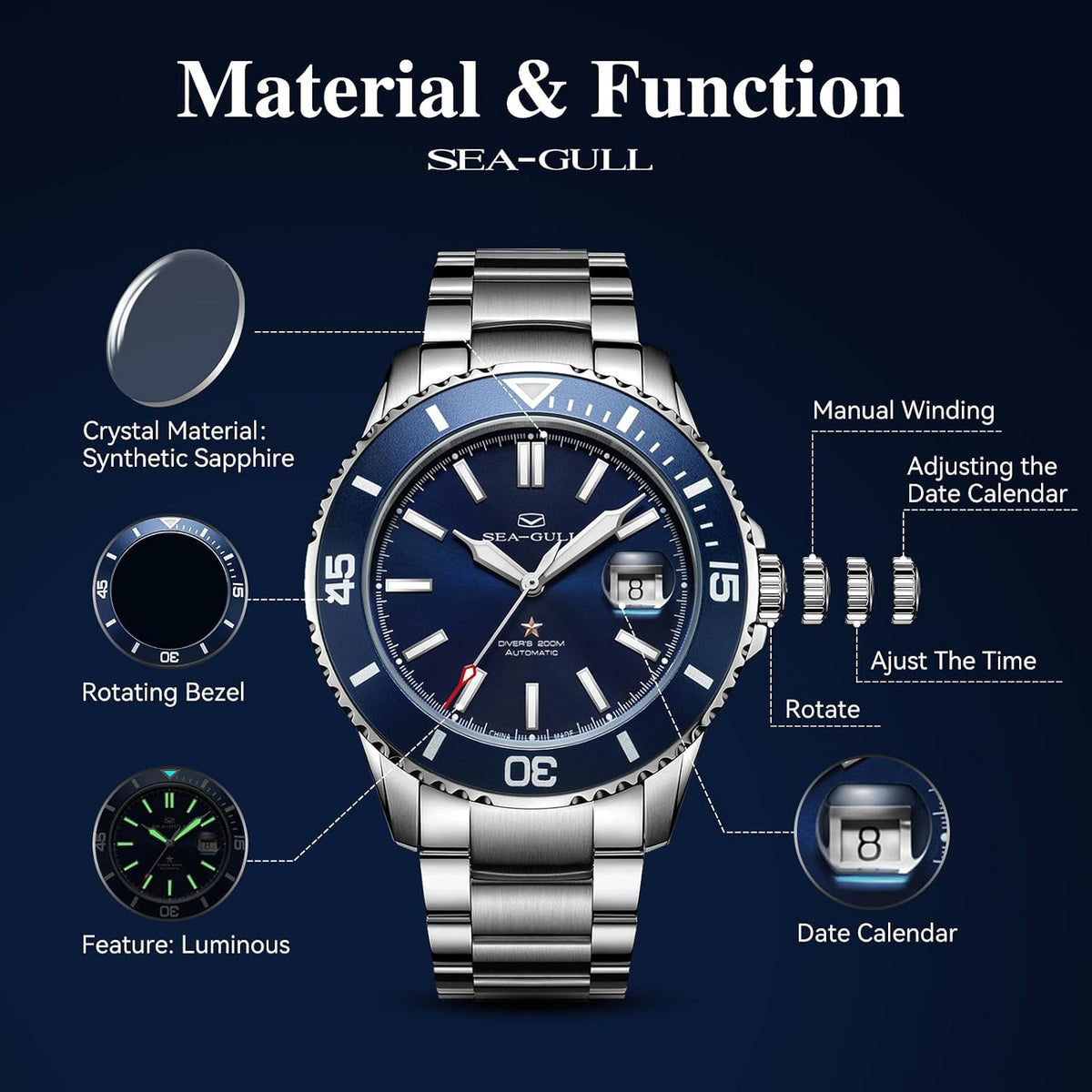 SEA-GULL - Reloj automático Seagull para hombre, correa de acero inoxidable, impermeable hasta 200M, mecánico con calendario luminoso, reloj de pulsera para negocios, casual, buceo para hombres