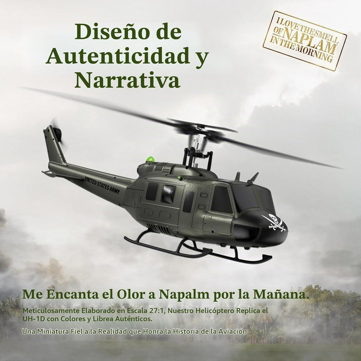 Helicóptero RC UH-1 - Helicóptero de control remoto coleccionable Huey con vuelo estacionario automático para adultos, principiantes, escala 1/27, 2 baterías