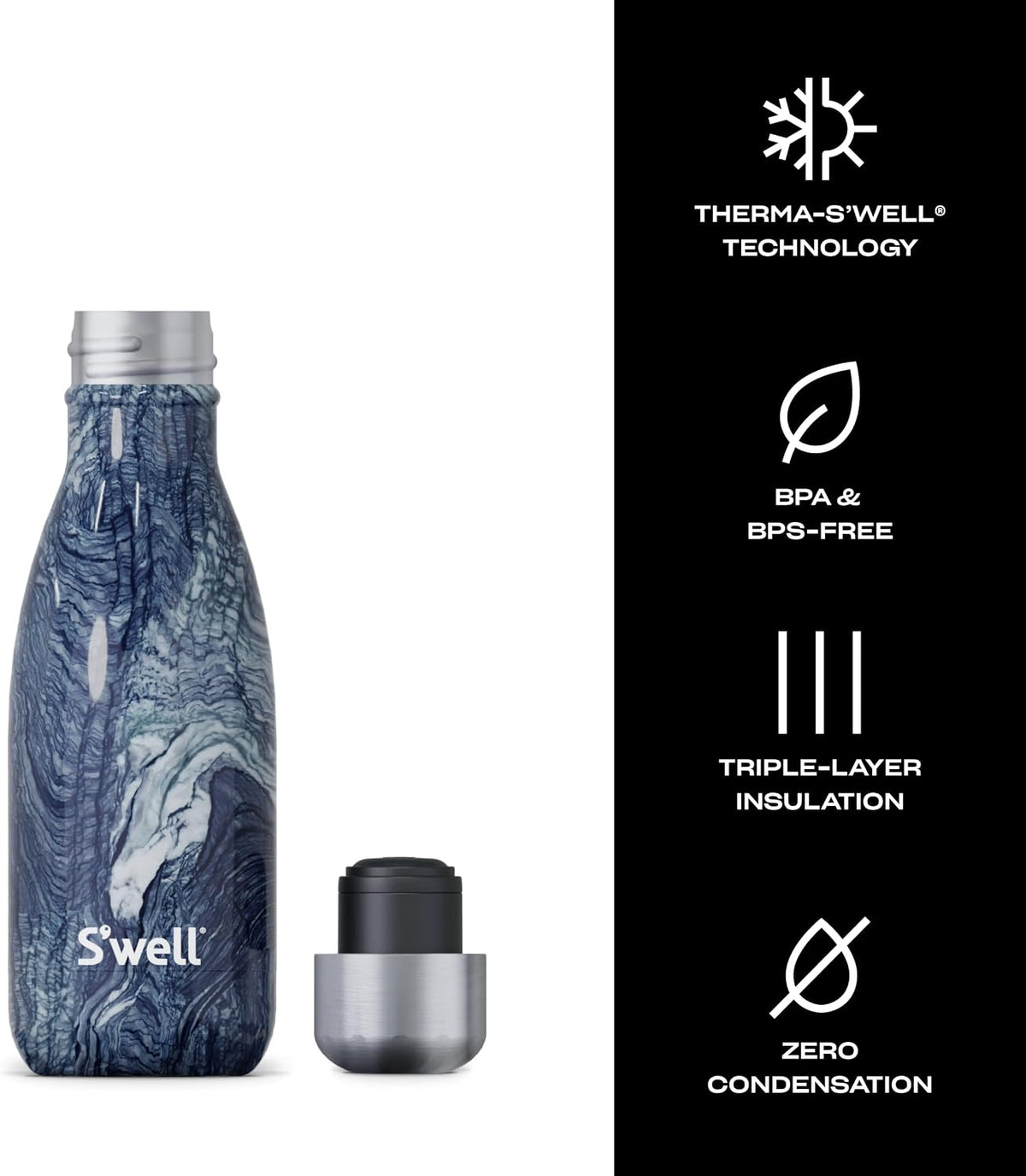 S'well - Botella de agua de acero inoxidable aislada al vacío, 9 onzas