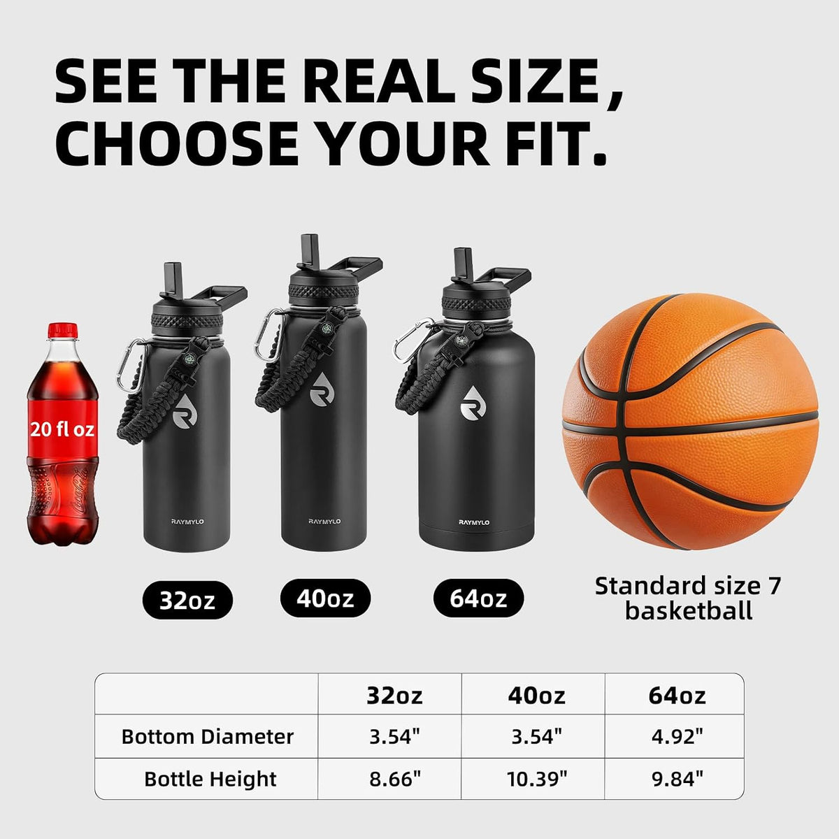 RAYMYLO Botella de agua aislada de 40 oz, acero inoxidable al vacío de