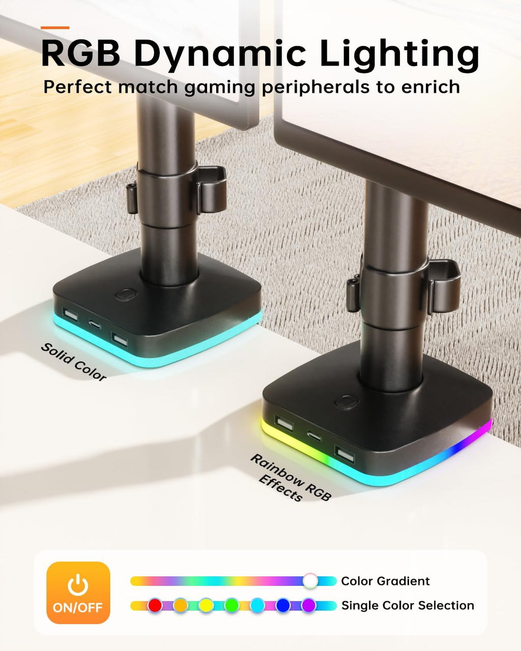 Afaloona Brazo de monitor dual RGB con concentrador USB, soporte de