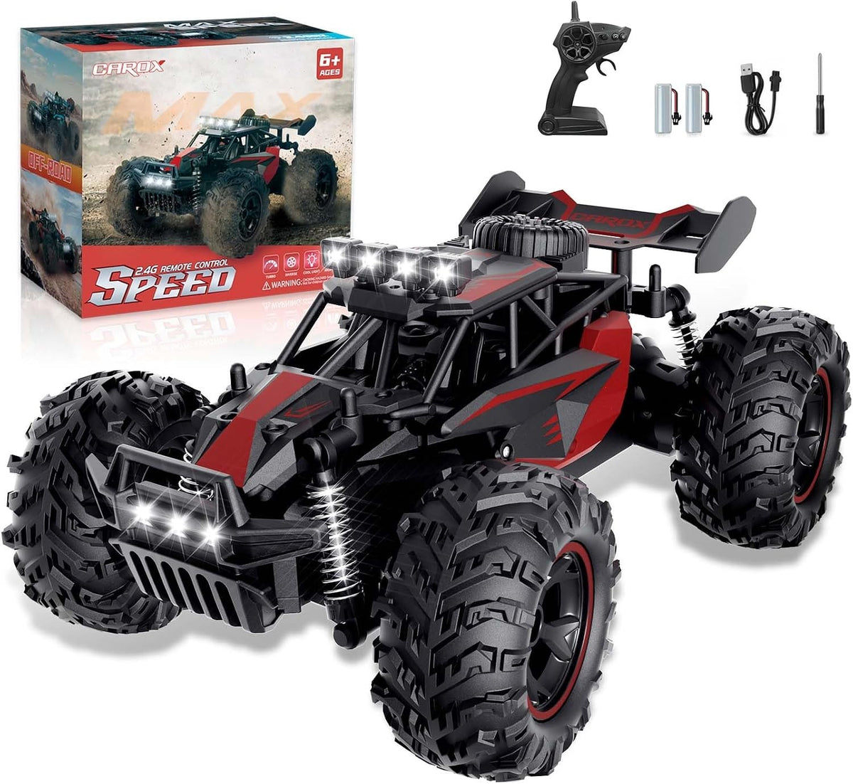 Coche de control remoto, 2.4 GHz 25 KM/H de alta velocidad, camión RC todoterreno 1:18 con luces LED y 2 baterías recargables, regalo ideal para niños de 6 años en adelante