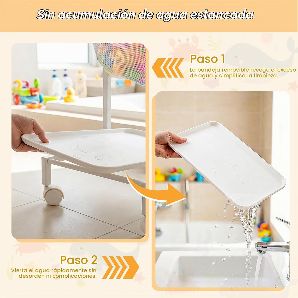 Soporte de almacenamiento de juguetes de baño, organizador de juguetes de bañera de secado rápido con 2 redes de malla colgantes y organizador de ducha, cubo grande de juguetes para bañera de fácil