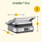 Cuisinart Parrilla eléctrica de encimera Cinco, disfruta de funciones 5 en 1, incluyendo prensa Panini, pantalla LCD, amplio rango de temperatura y función de sellado, placas antiadherentes, GR-5NAS, acero inoxidable
