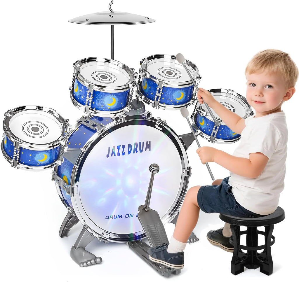 Kit de Batería para Niños pequeños para edades de 3-5 años Juguete musical con taburete para niños y niñas