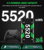 DINOSTRIKE Paquete de baterías recargables y estación de carga para Xbox Series X|S, controladores Xbox One - Incluye 4 paquetes de baterías para Xbox con carga USB-A y USB-C