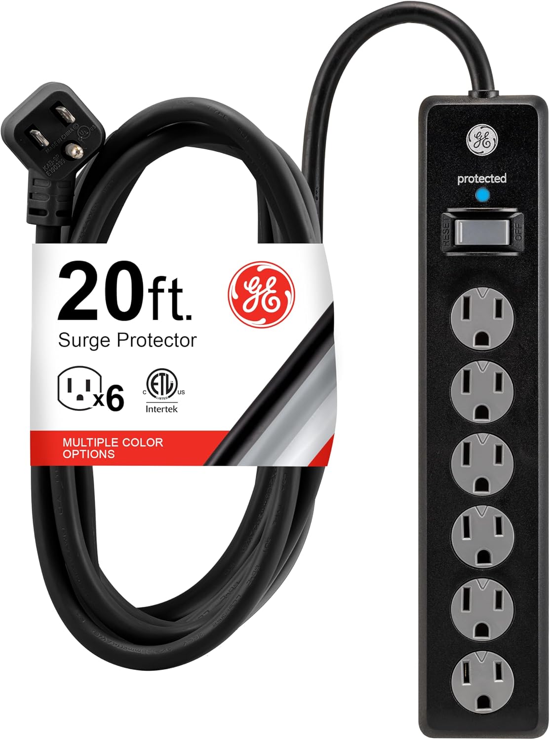 GE - Regleta protectora contra sobretensiones, cable de extensión de 20 pies de largo
