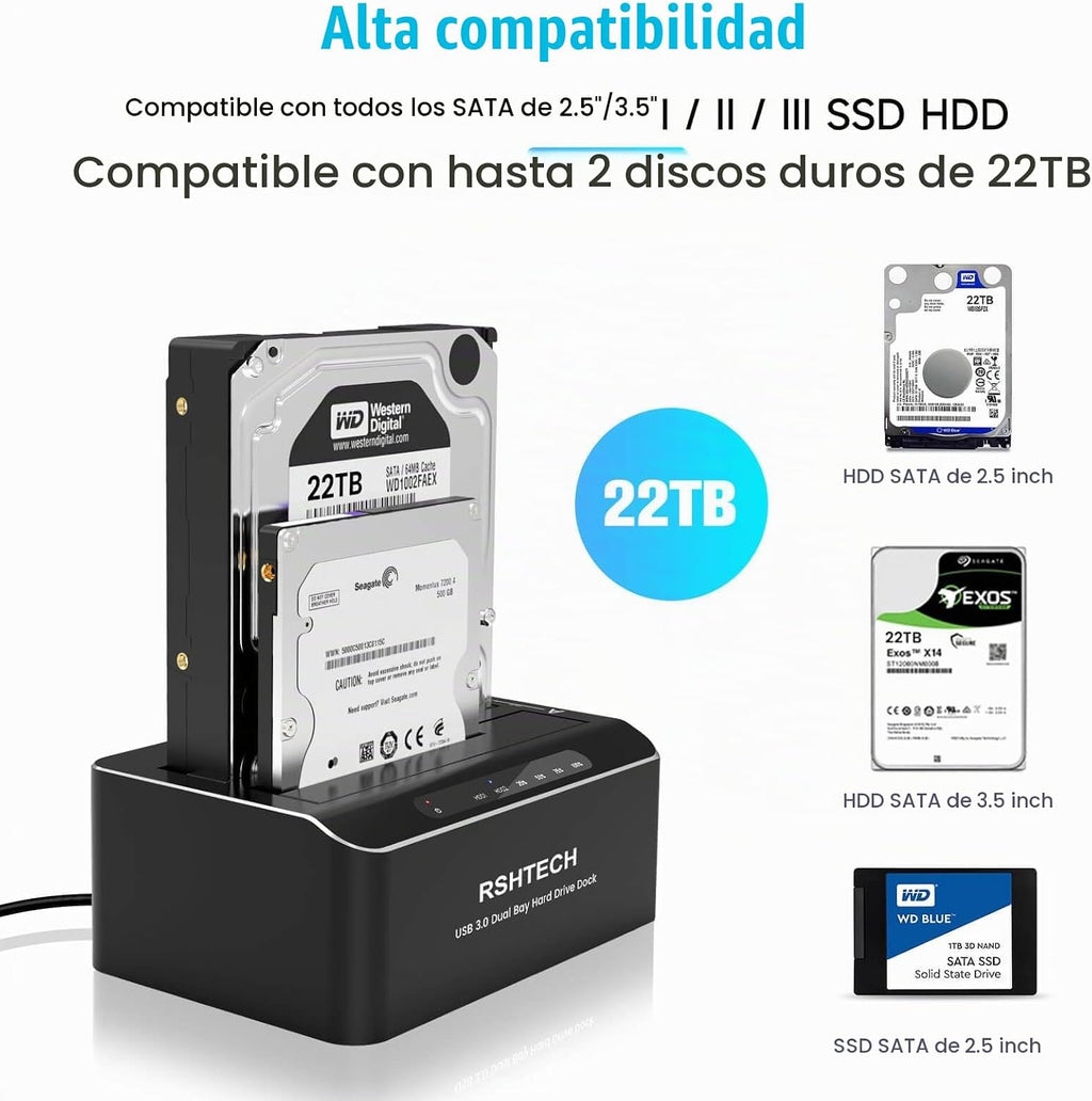RSHTECH Estación de acoplamiento de disco duro de doble bahía USB-C/USB 3.0