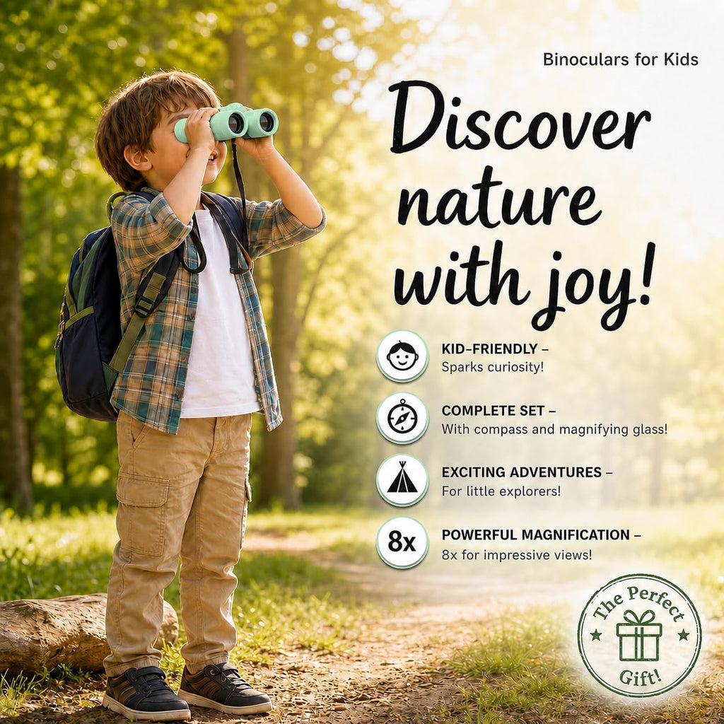 Binoculares para niños – Juguete perfecto para niños pequeños y niñas – Juego extenso que incluye lupa y brújula – Potente aumento 8 x 21 – niños de 3 a 12 años para niños pequeños