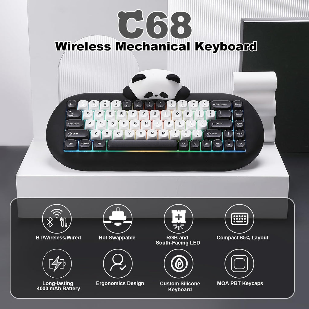 YUNZII C68 Panda Teclado Mecánico Gaming Inalámbrico, Diseño Compac...