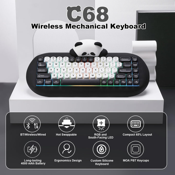 YUNZII C68 Panda Teclado Mecánico Gaming Inalámbrico, Diseño Compac...
