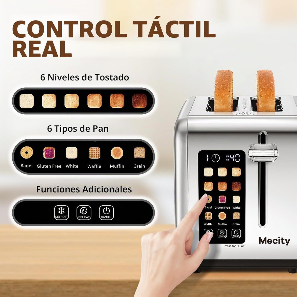 Mecity Tostadora de 2 Rebanadas con Pantalla Táctil, Ranura Ancha de 1.5", Tostadora de Pan Inteligente de Acero Inoxidable para Bagel, Muffin, Waffle, Panes Sin Gluten, Temporizador, Descongelación