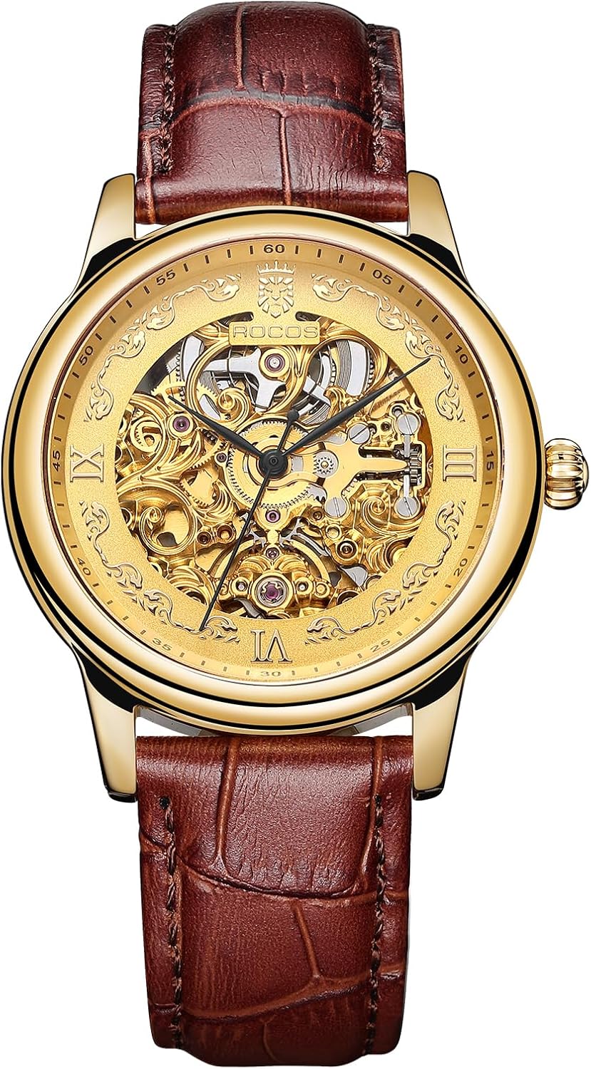 ROCOSJEWE R0106 Reloj Automático para Hombres – Esqueleto de Dial en Oro de Lujo, Reloj Mecánico de Gran Reserva Automático, Reloj de Moda para Hombre, Reloj con Correa de Cuero Negra/Marrón, Resistente al Agua, Regalo para Hombres
