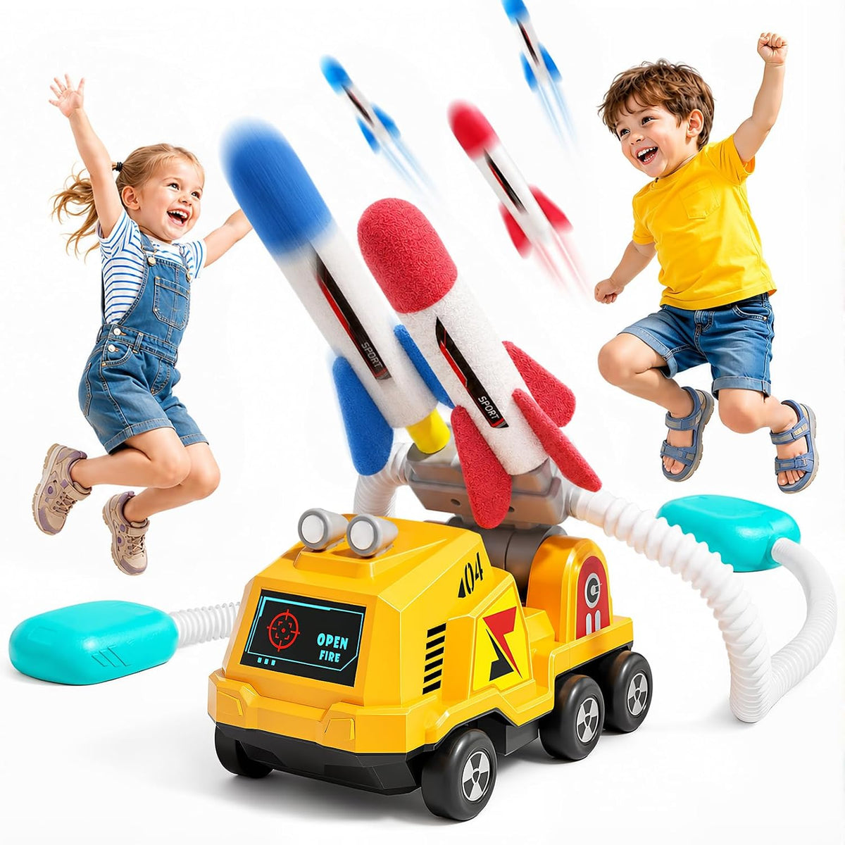 VLQ Dueling - Lanzador de cohetes de vehículo de construcción para niños, almohadilla de lanzamiento de ángulo ajustable, con 8 cohetes de espuma, rango de 100 pies, juego de patio trasero para
