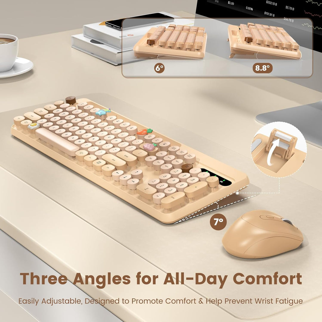Combo de teclado y mouse inalámbricos, teclas redondas retro, tecla...
