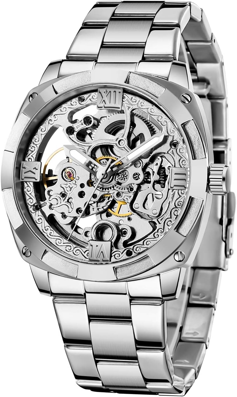 Tiong Reloj mecánico para hombre, de acero inoxidable, automático, con esqueleto, impermeable, para el día del padre, regalo