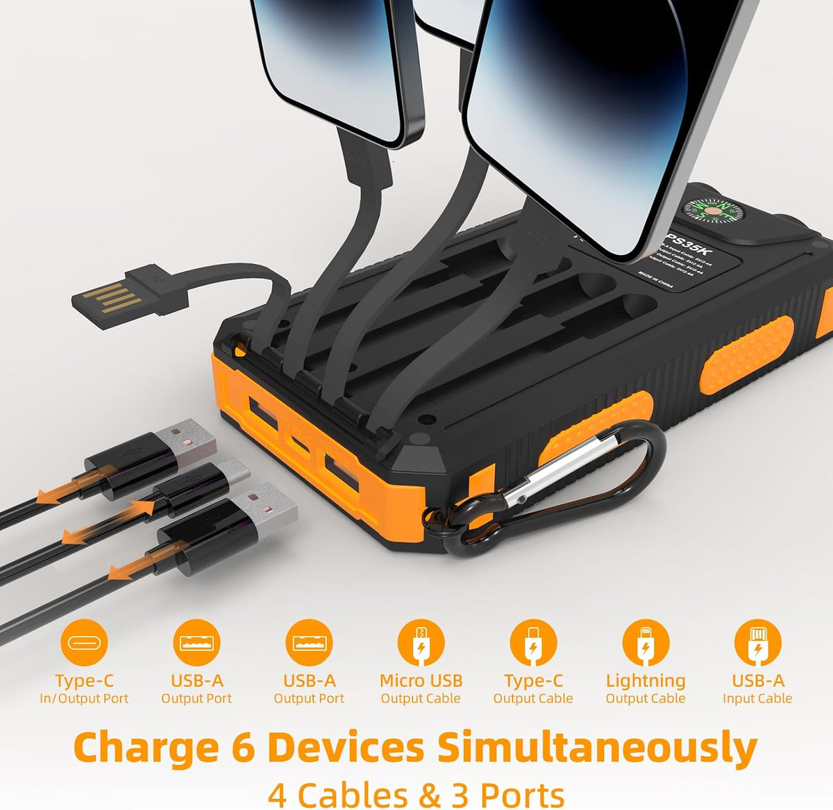 Durecopow Cargador solar de 49800 mAh con 4 cables integrados y 4 paneles plegables