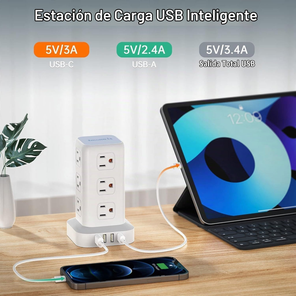Regleta de alimentación con 12 tomas, 4 USB (1 USB C), cable de extensión de 10 pies con múltiples tomas, estación de carga, torre de regleta de alimentación, suministros de escritorio de oficina en