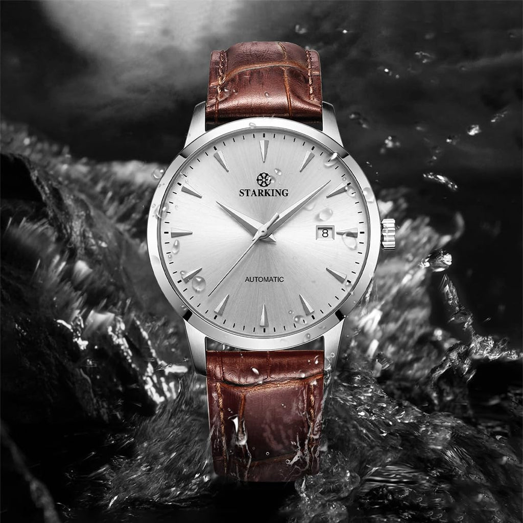 STARKING AM0184 Relojes automáticos de vestir para hombre, con parte trasera transparente, relojes de pulsera delgados casuales con fecha, resistente al agua a 5 ATM, acero inoxidable, correa de piel