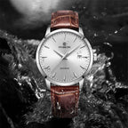 STARKING AM0184 Relojes automáticos de vestir para hombre, con parte trasera transparente, relojes de pulsera delgados casuales con fecha, resistente al agua a 5 ATM, acero inoxidable, correa de piel