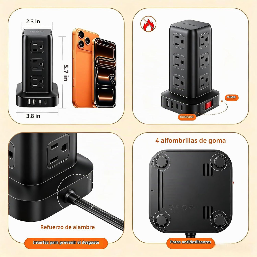 SMALLRT - Cable de extensión con múltiples tomas, torre de regleta de alimentación de enchufe plano con USB 12 salidas de CA, extensor de salida de cable de extensión ultrafino de 6.5 pies para