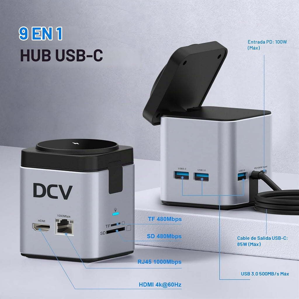 Estación de acoplamiento USB C para laptop con soporte de cargador MagSafe, adaptador multipuerto USB C Hub 9 en 1 con HDMI 4K, Ethernet de 1 Gbps, 3 USB 3.0, SD/TF, compatible con MacBook/Dell/HP