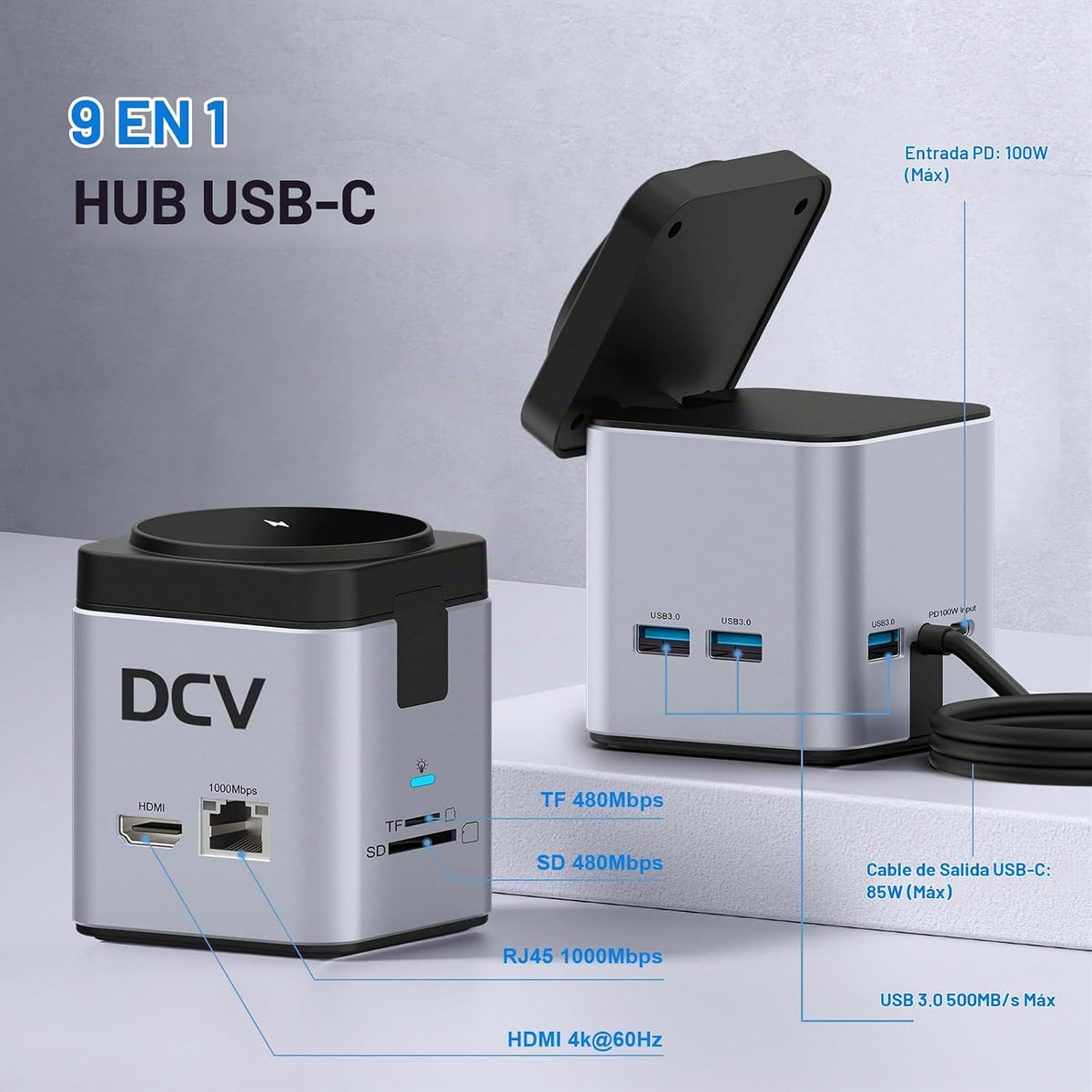 Estación de acoplamiento USB C para laptop con soporte de cargador MagSafe, adaptador multipuerto USB C Hub 9 en 1 con HDMI 4K, Ethernet de 1 Gbps, 3 USB 3.0, SD/TF, compatible con MacBook/Dell/HP