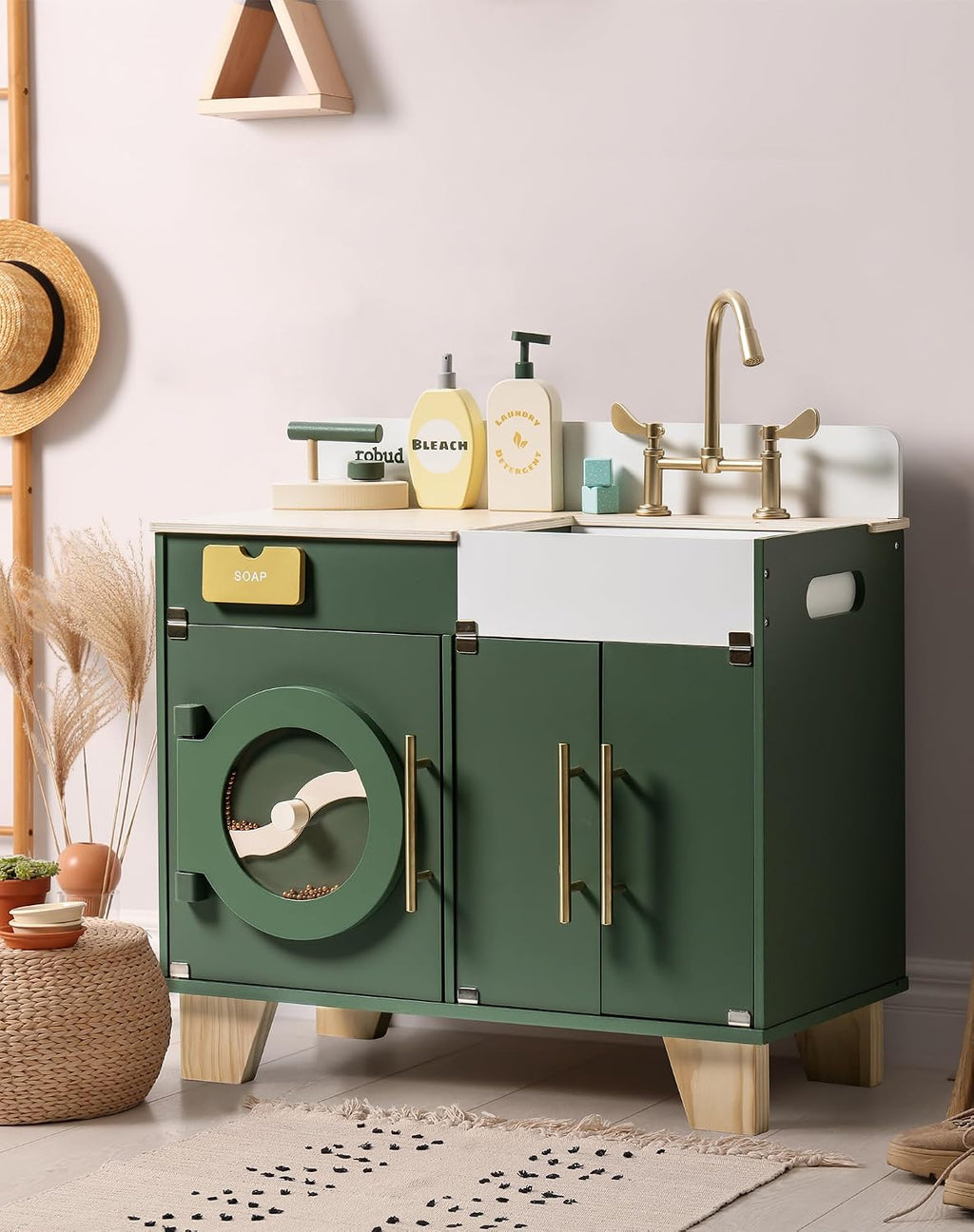ROBUD Cocina de juego para niños, lavadora multifunción de madera para niños, juego de cocina para niños, lavadora de juguetes de cocina con accesorios, regalo perfecto para bebés de 3 a 8 años
