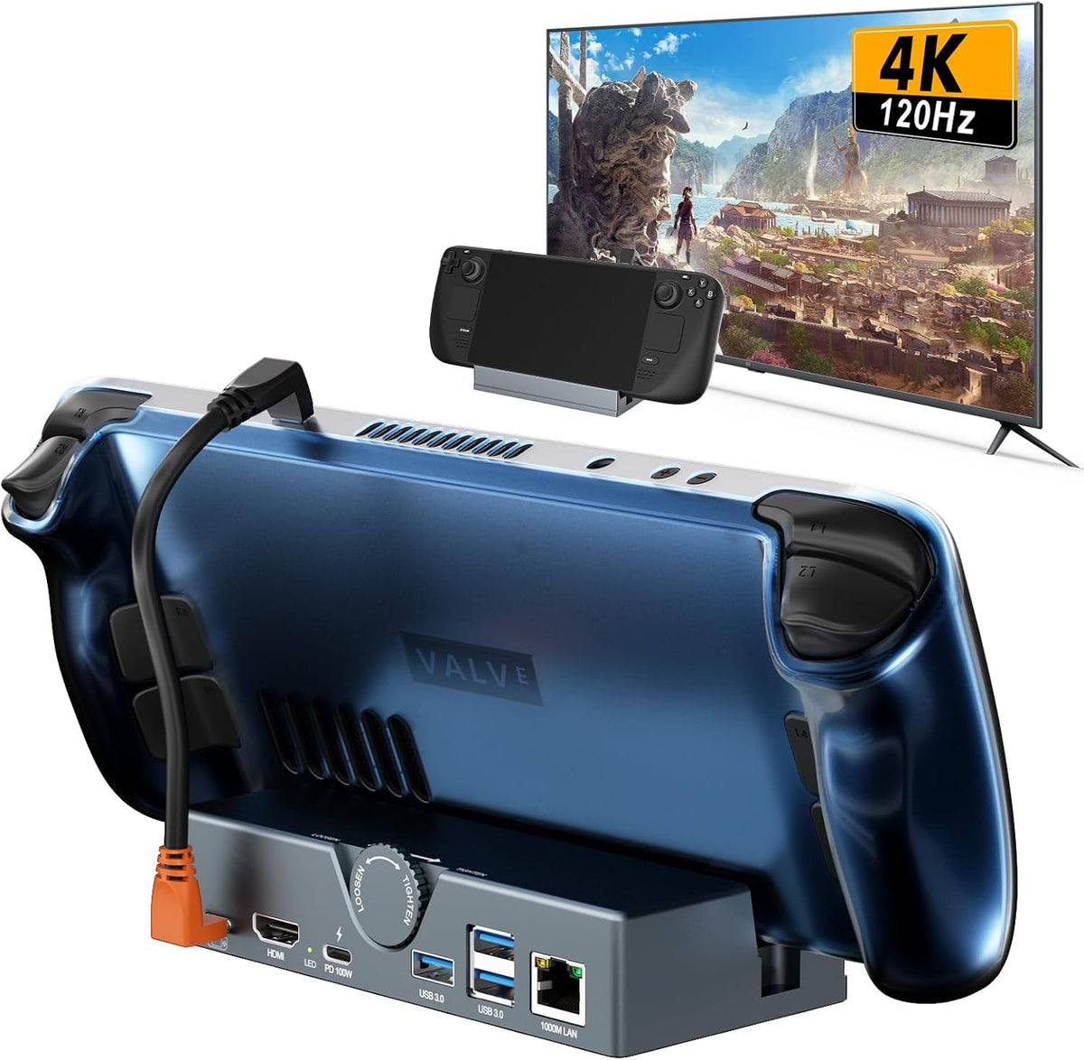 Base de carga de Steam Deck - Base de acoplamiento USB C con soporte ajustable, base de carga PD de 100 W con 4K a 120 Hz HD, Gigabit Ethernet, 3 puertos USB 3.0, para Steam Deck OLED/ROG Ally/Legion Go S