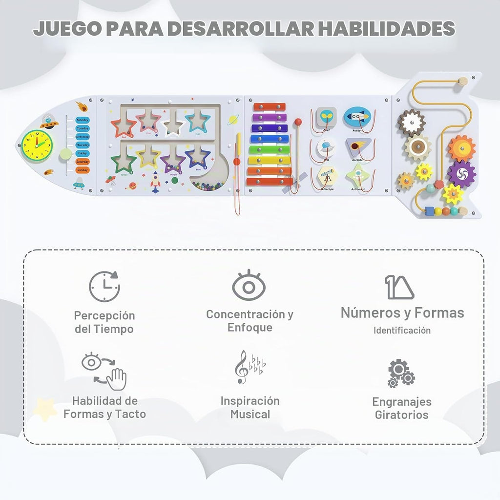 Paneles de pared con actividades de cohete, panel de pared sensorial para niños, tablero de actividades de pared Montessori para niños pequeños, juguetes de pared para niños pequeños de 3 años, cubo de actividades, tablas de madera, blanco y gris (4