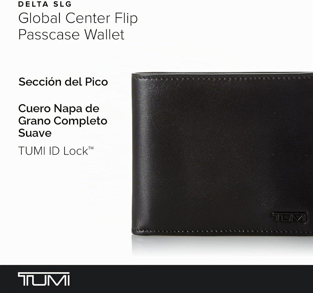 TUMI - Delta Global Center Flip ID Passcase - Billetera de cuero bifold - Accesorio de bloqueo RFID - Múltiples ranuras para tarjetas - 4" x 5" - Negro
