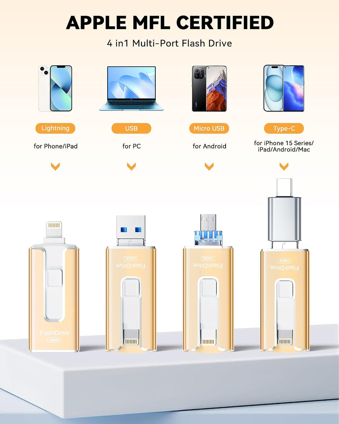 Unidad flash con certificación MFi para iPhone iPad de 256 GB, barr...