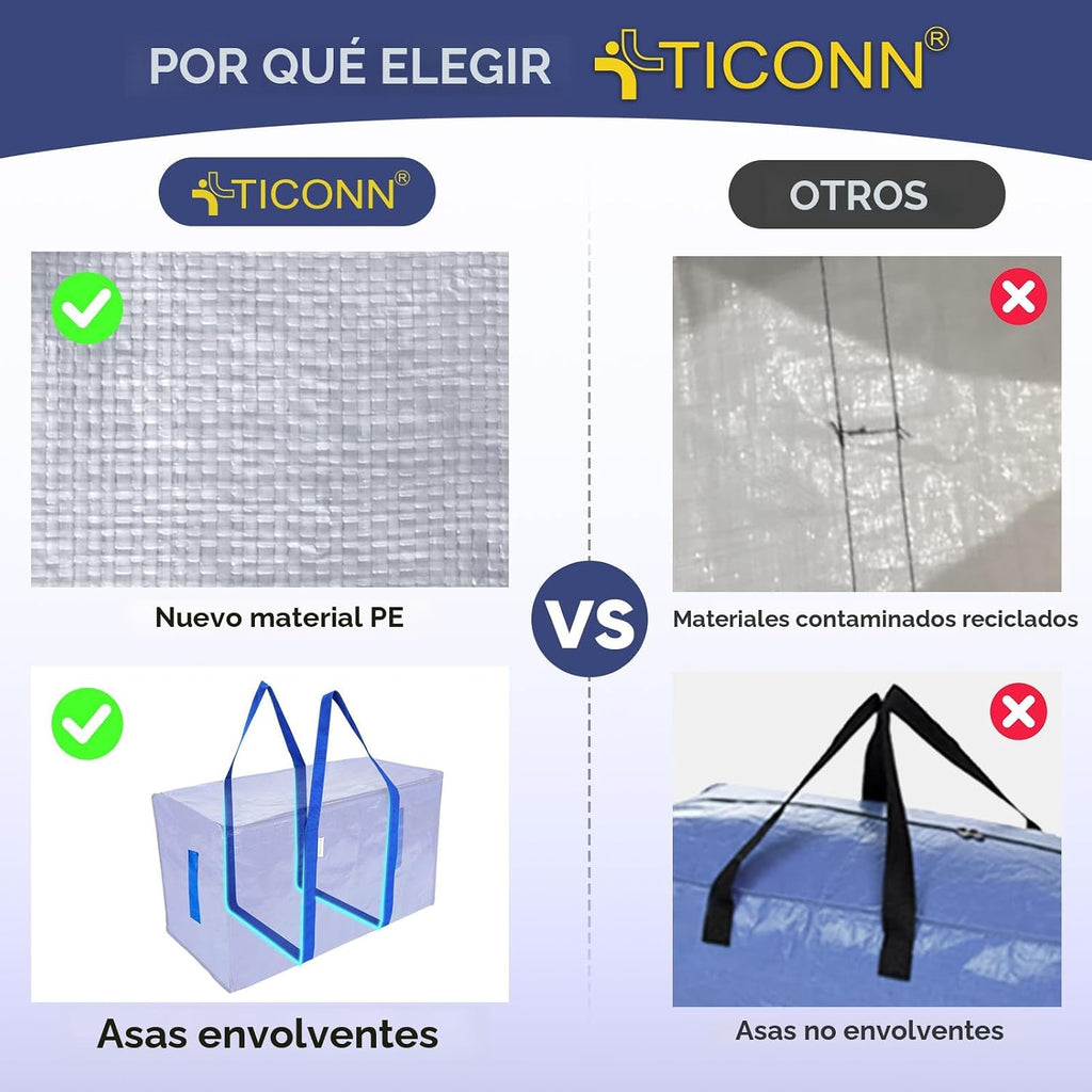 TICONN Paquete de 4 bolsas de mudanza extra grandes resistentes con cremalleras y asas de transporte, bolsas de almacenamiento duraderas para organizadores de armario y almacenamiento (paquete de 4
