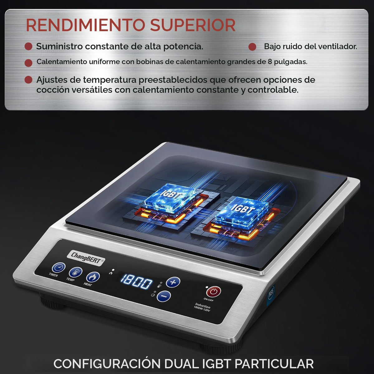 ChangBERT Estufa de Inducción, Cocina Portátil de Grado Comercial, Bobina de Calentamiento Grande de 8”, Quemador de Encimera de Acero Inoxidable Premium con Certificación NSF, Temporizador de 10 Horas Placa Caliente Profesional de 1800W