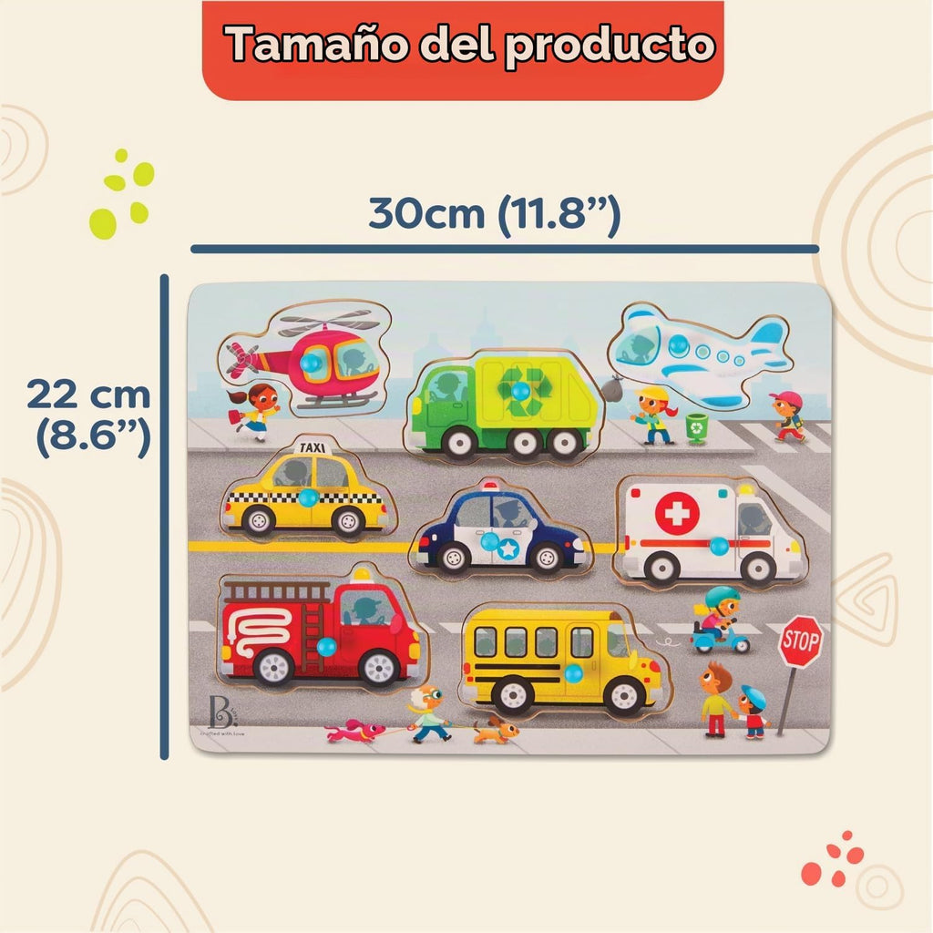B. toys Rompecabezas de Clavijas de Madera, Peek & Explore Paquete de 4, Vehículos, Granja, Paquete de 4