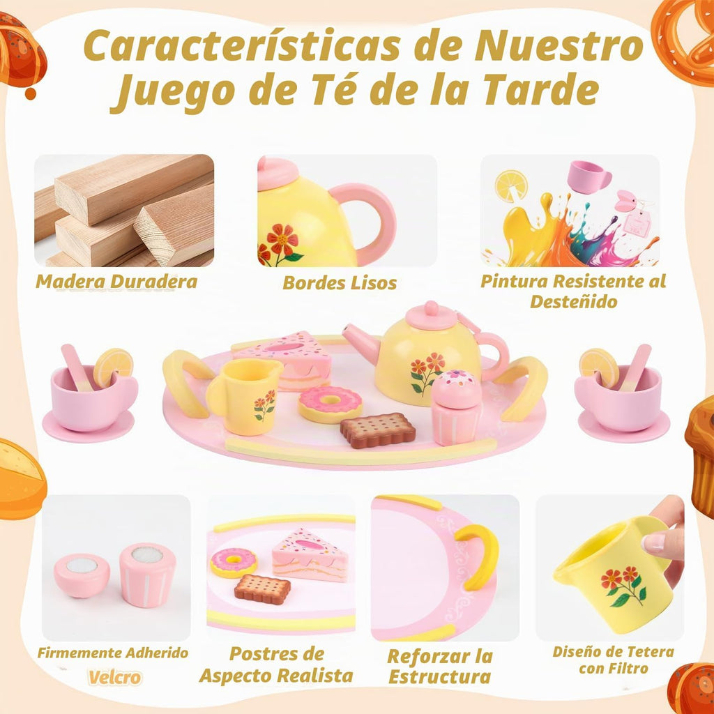 Juego de té de madera para fiestas de té para 3-5 niñas 4-6 6-8