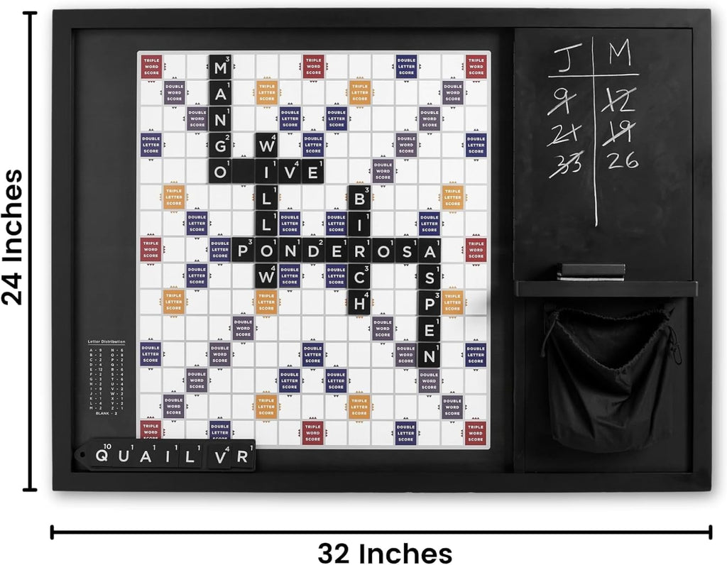 Juego de palabras de madera de gran tamaño para montar en la pared (32 x 24 pulgadas), tablero magnético de azulejos de palabras con pizarra, almacenamiento y azulejos, juego montado en la pared