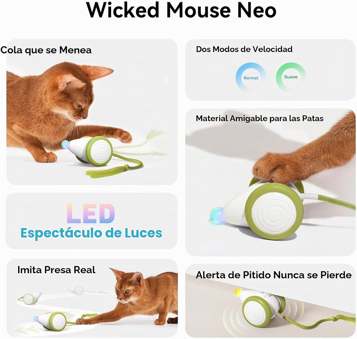Cheerble Interactive Cat Toys para Indoor Cats, Automatic Moving Kitten Toys, Wicked Mouse Neo Cat Toy con Tail & Lights, Pet Cat Supplies, Rechargeable Cat Toys para Bored Indoor Adult Cats