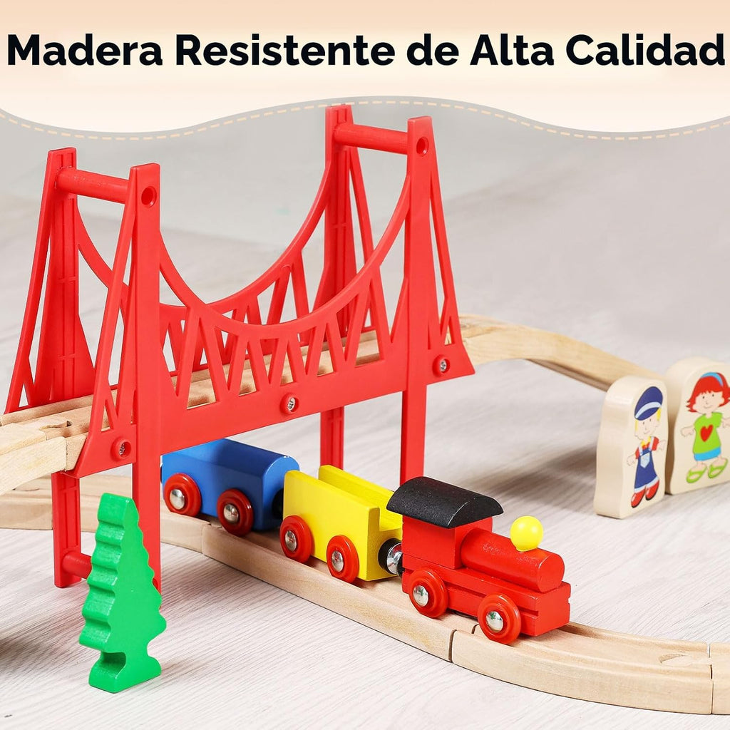 SainSmart Jr. Juego de Tren de Madera para Niños Pequeños - Vías de Madera de Doble Cara Compatible con Brio, Thomas, Melissa y Doug - Expandible, Cambiable - Tren de Juguete de Madera para Niños de 3