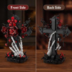 DRZYJ Juego de construcción de cruz de rosas góticas para adultos, 598 piezas de bloques de ramo de rosas rojas oscuras con mano de esqueleto, decoración de escritorio de Halloween, regalo gótico